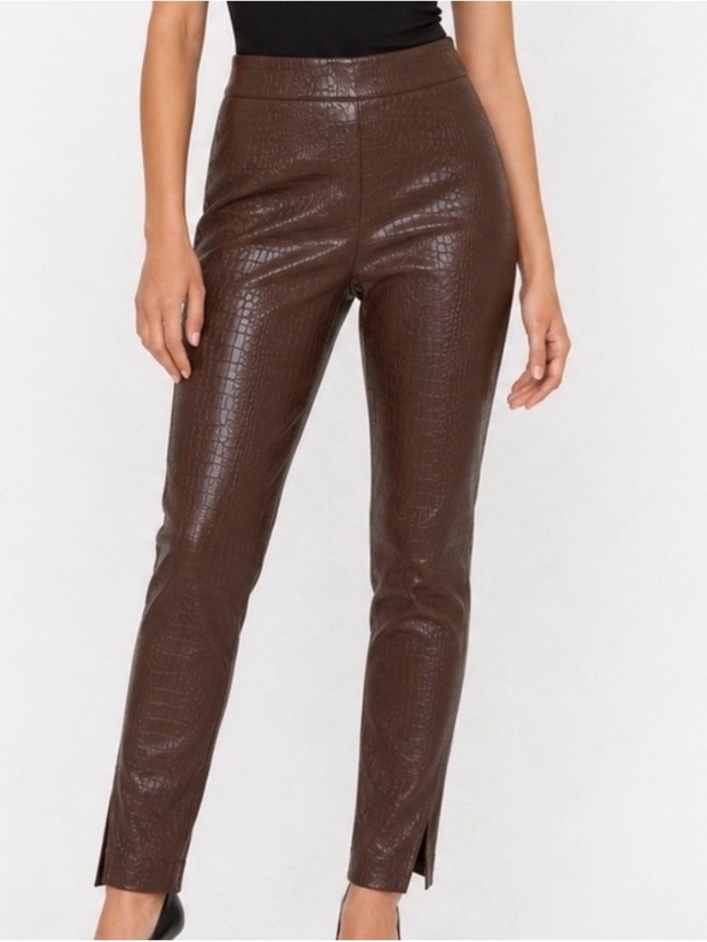 Meshki Croc-Embossed Skinny Pants in Chocolate Brown sz M NWT